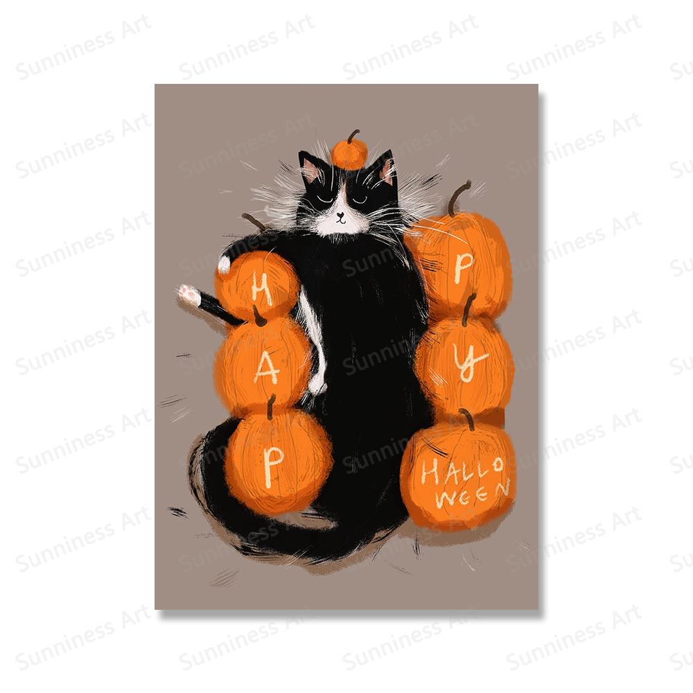 Funny Halloween Black Cat Autumn Wall Art Canvas Painting Nordic Posters And Prints Pumpkin Wall Pictures for Kids Room Decor