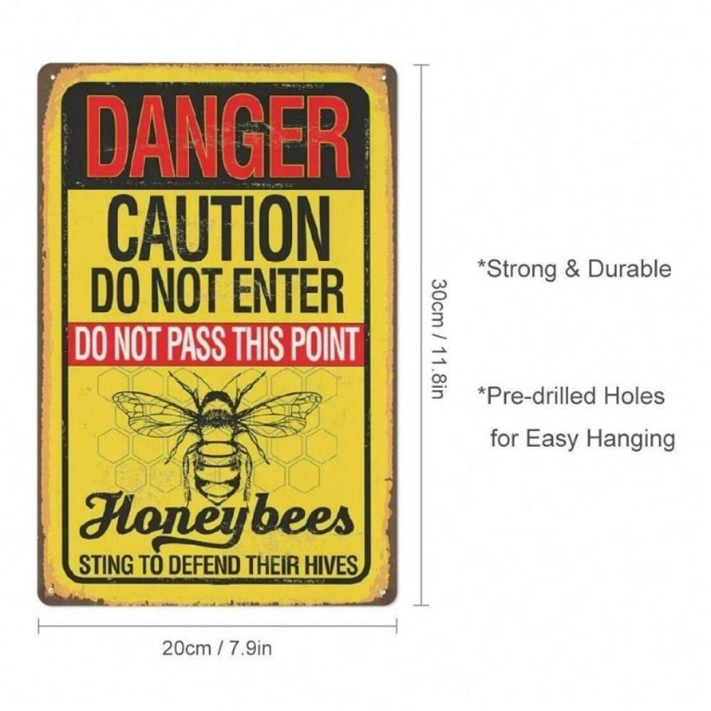 Vintage Danger Sign Metal Poster Bee Honeycomb Wall Art Home Decor 12x8in