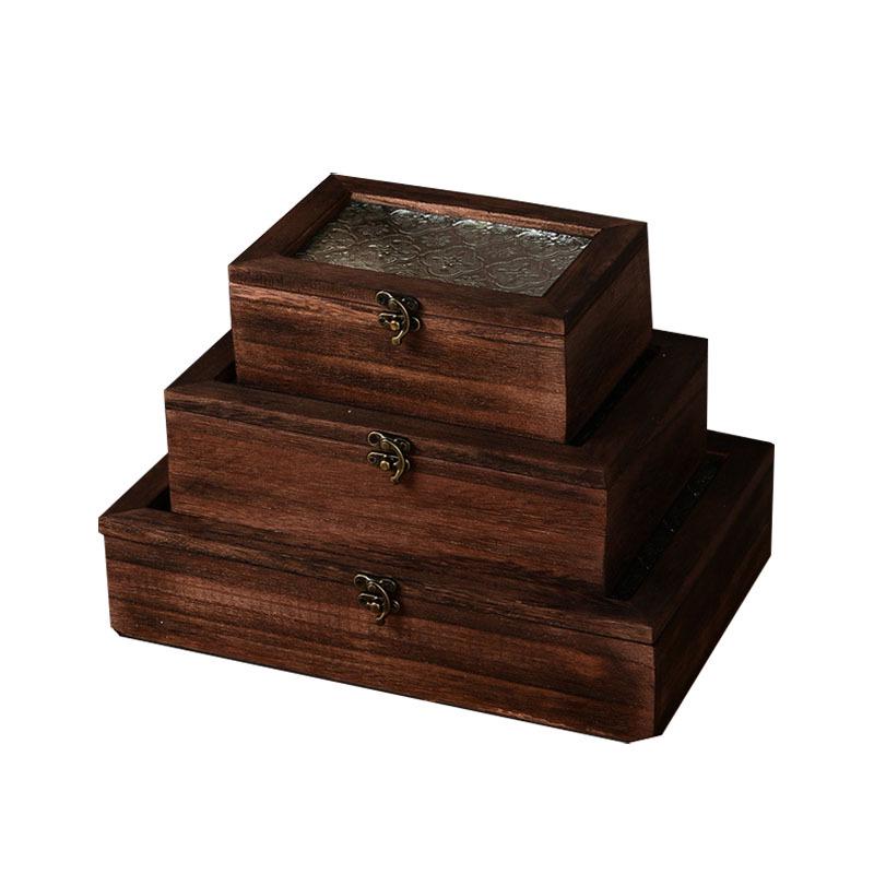 Crabapple Flower Glass Retro Wooden Storage Box for Desktop Sundries and Dressing Table Decor