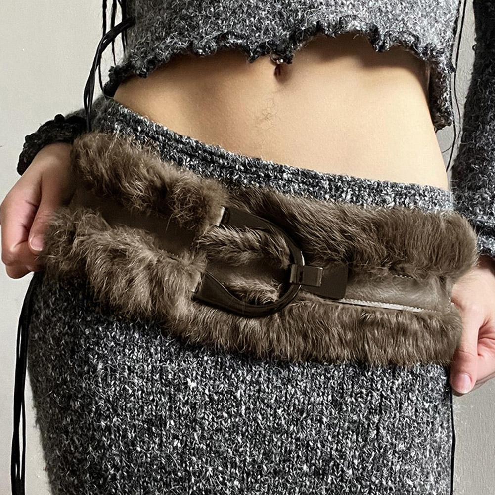 Vintage Furry Design Leather Patchwork Belt Niche Style Waistband Corset P4H7
