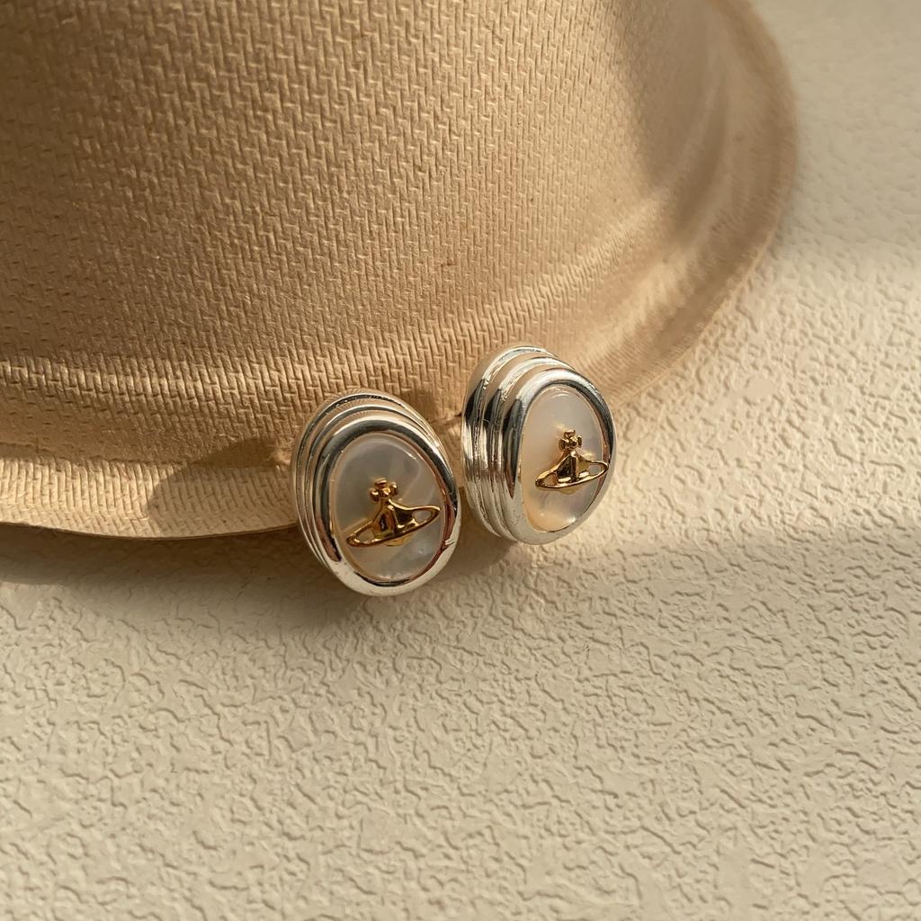 High End French Retro Shell Earrings, Women's Geometric Oval Temperament, Niche and Cold Style, Exaggerated Earrings, Light Luxury