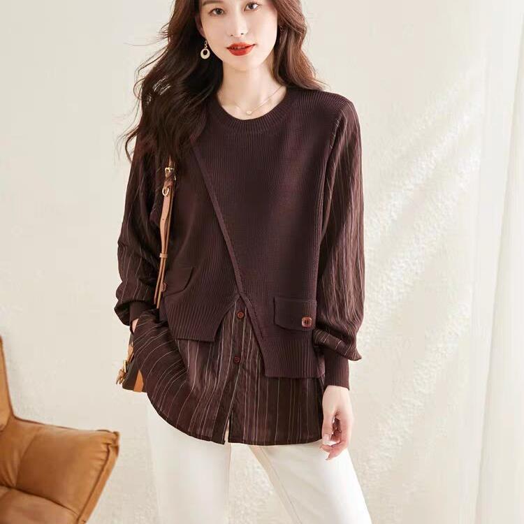 Fashionable Sweater Shirt Fake Two-piece Loose Slimming Pullover Autumn Top