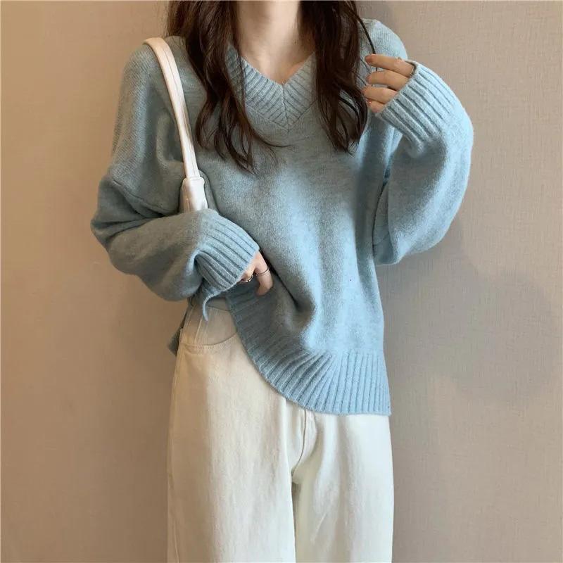 Sweater Women Autumn V-neck Solid Color Pullover Inner Knit Loose Casual Comfortable Top