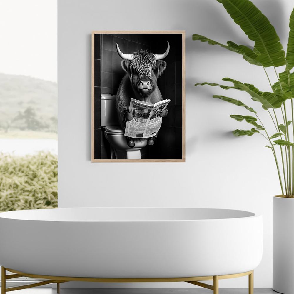 Funny Highland Cow Watch Newspaper In Toilet Canvas Prints Farmhouse Wall Art Poster For Bedroom Living Room Bathroom Home Decor