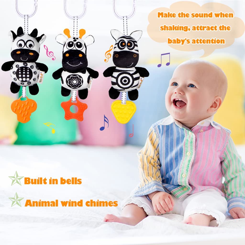 3 Pack Hanging Rattle Toys,Cartoon White Black Stuffed Stroller Plush Toys for Newborn 0-18 Month Baby Bed Crib Toys with Wind Chimes (Zebra,Deer&Cow)