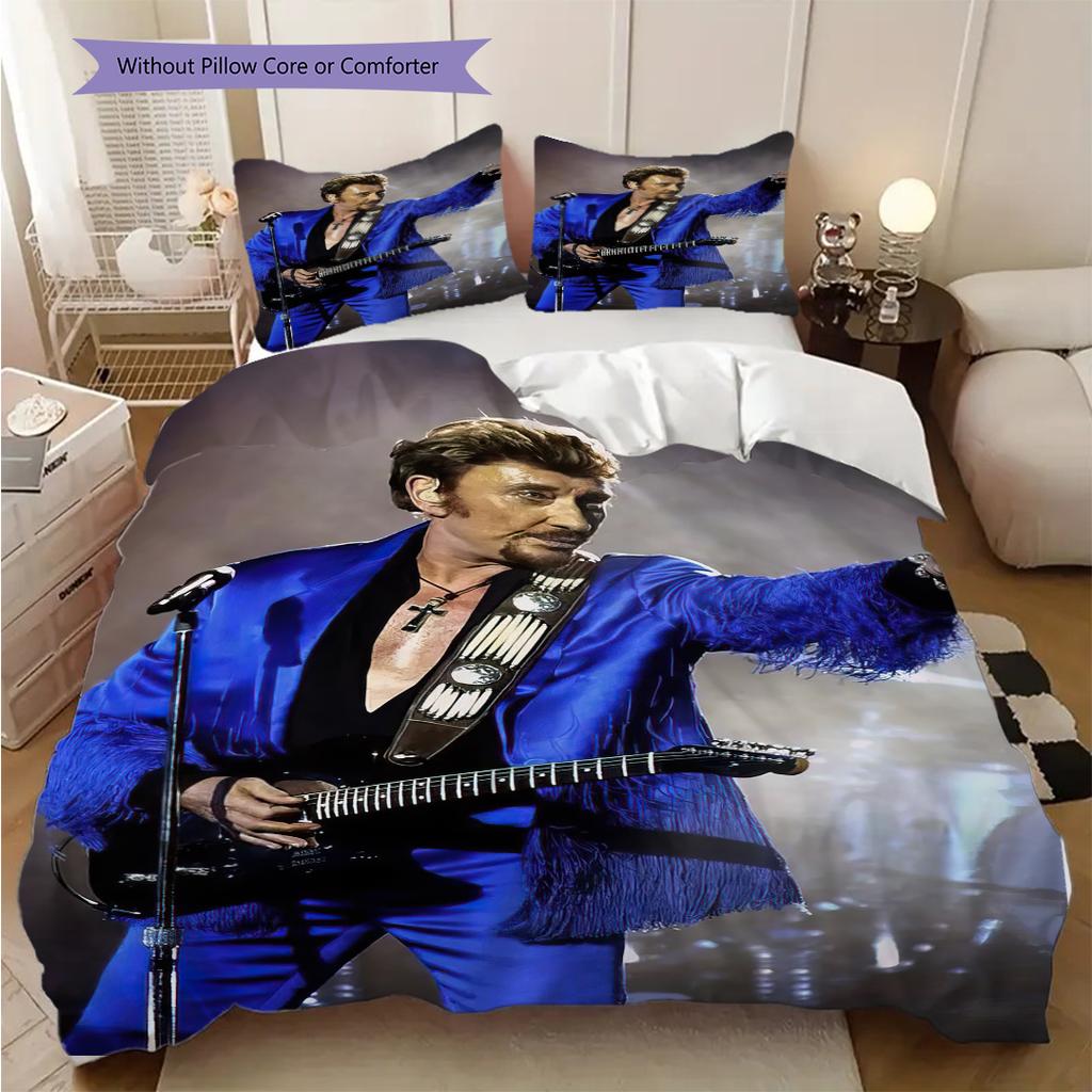 Johnny Hallyday Gitarrenperformance Bettwäsche, Bettbezug, Kissenbezug, Heimdekoration, Geburtstagsgeschenk (1 * Bettbezug+2 * Kissenbezug, ohne Füllung)