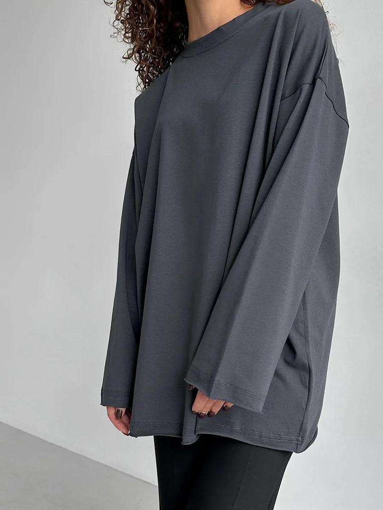 Frühling 2024 Damen reines Baumwoll-T-Shirt mit lockerem Schnitt und langen Ärmeln - GUIYAKECOOL