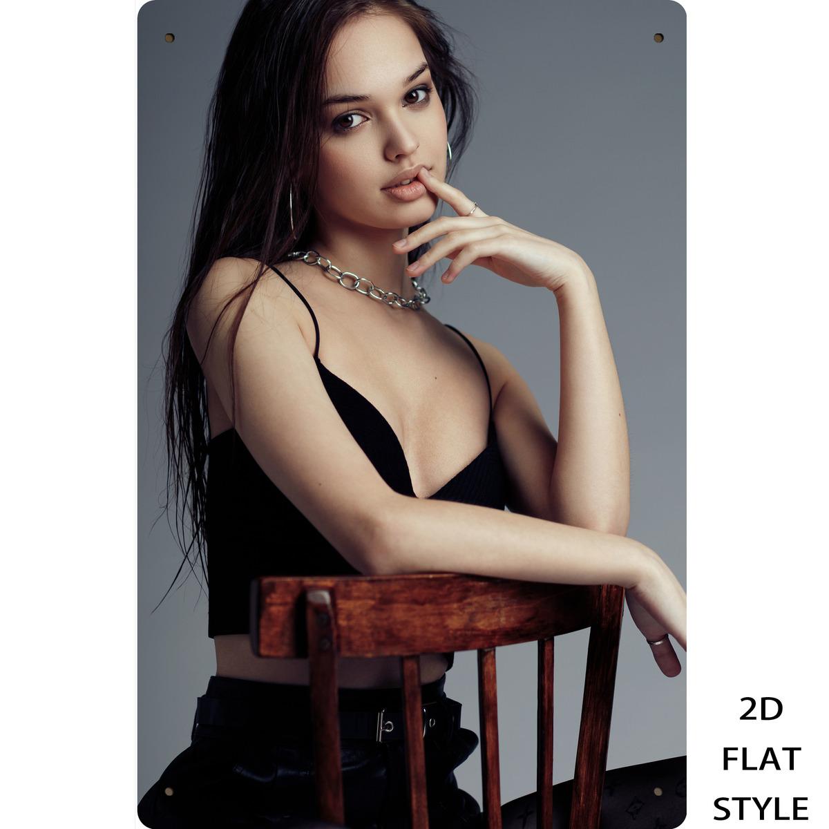 

HD Metal Tin Sign Stunning Model in Black Crop Top with Chain Necklace Studio Portrait Wall Art Decor 20x30cm（7.8x11.8inch）