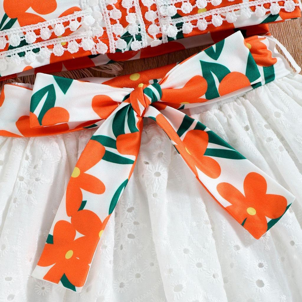 Children's Fashion Set Summer Girls Casual Printed Lace Halter Hollowed-out Cotton Dress Two-piece Set