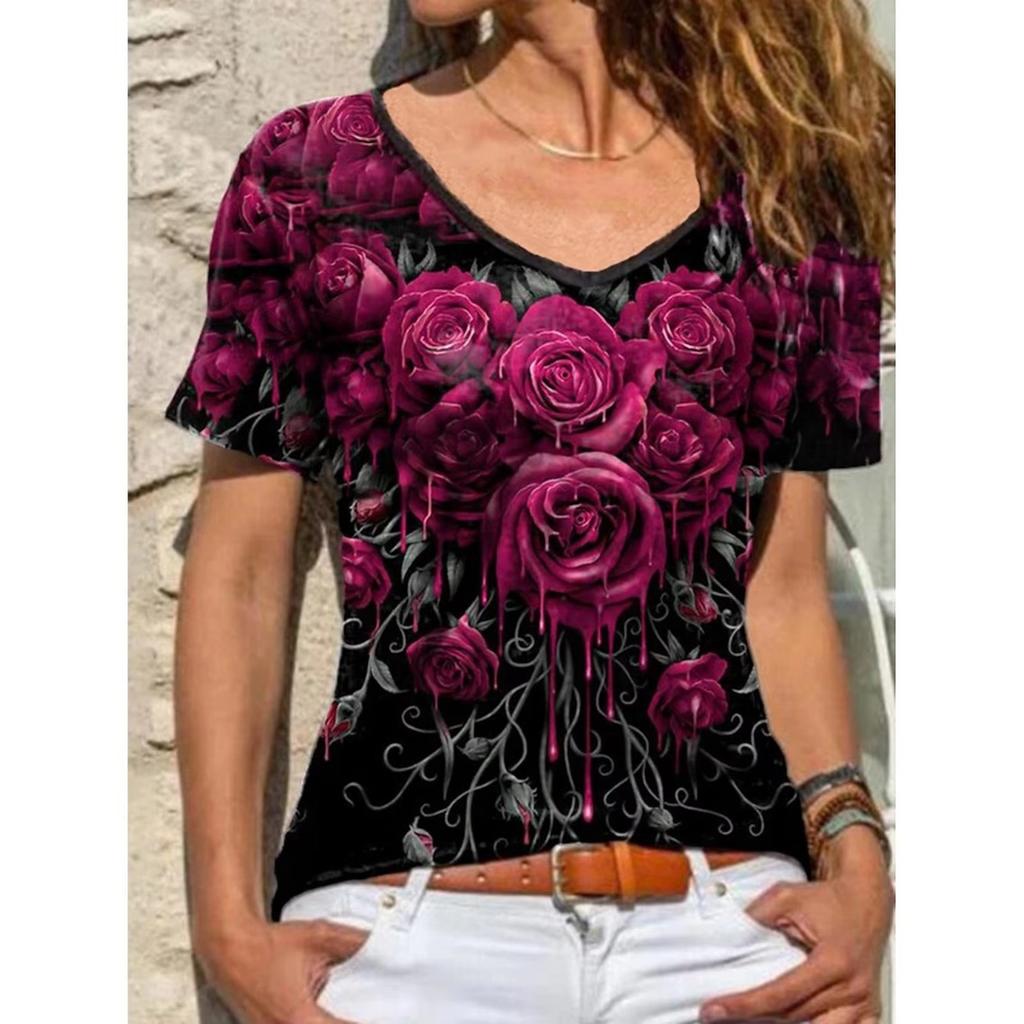Camisetas de Mujer de Verano con Cuello en V y Estampado de Flores 3D, Modernas y Casuales de Manga Corta