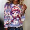 Women's Long Sleeve T-Shirt Casual Holiday Funny Santa 3d Print Tops 2024 New Fashion X-Mas Snowman Loose Christmas Day Clothing
