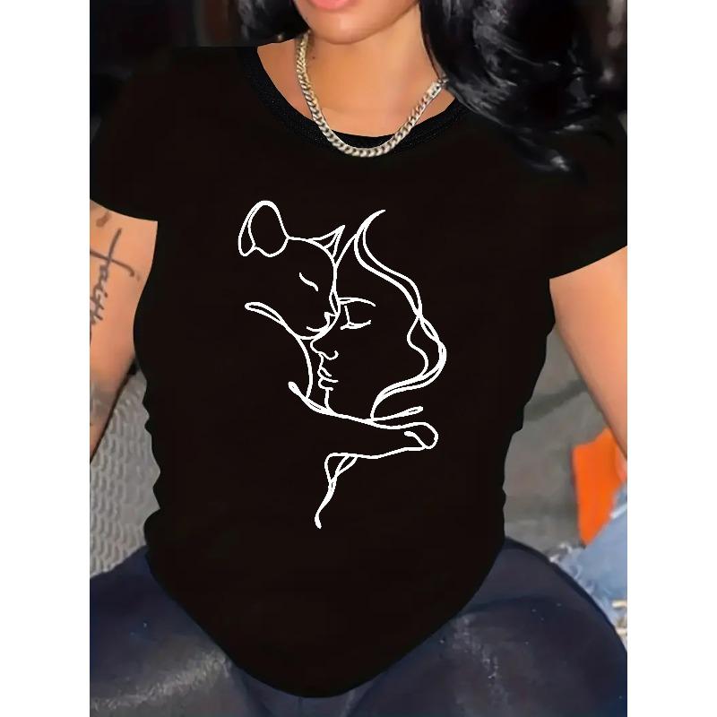 Women s Plus Size Geometric Cat Print T-Shirt Casual Short Sleeve Round Neck Summer Top S чёрный