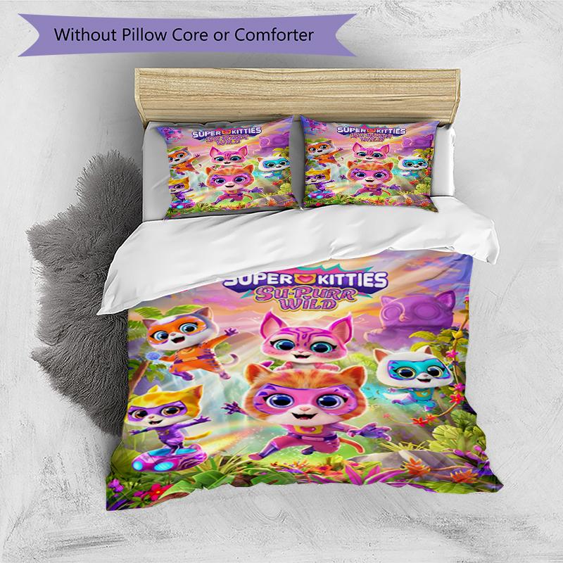 3pcs Super Kitties Adventures1 Design Cover Set - HD Printed Bedding with 1 Cover and 2 Pillowcases - Perfect for Home and Dorm Decor