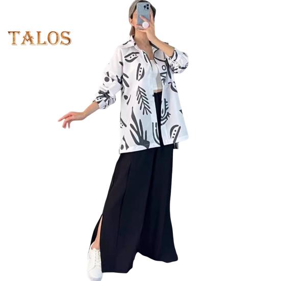 2 Pcs/Set Women Shirt Pants Set Long Sleeves Printed Lapel Collar Chest Pocket Single-breasted Blouse Stretchy Waist Side Split Pants Set Casual