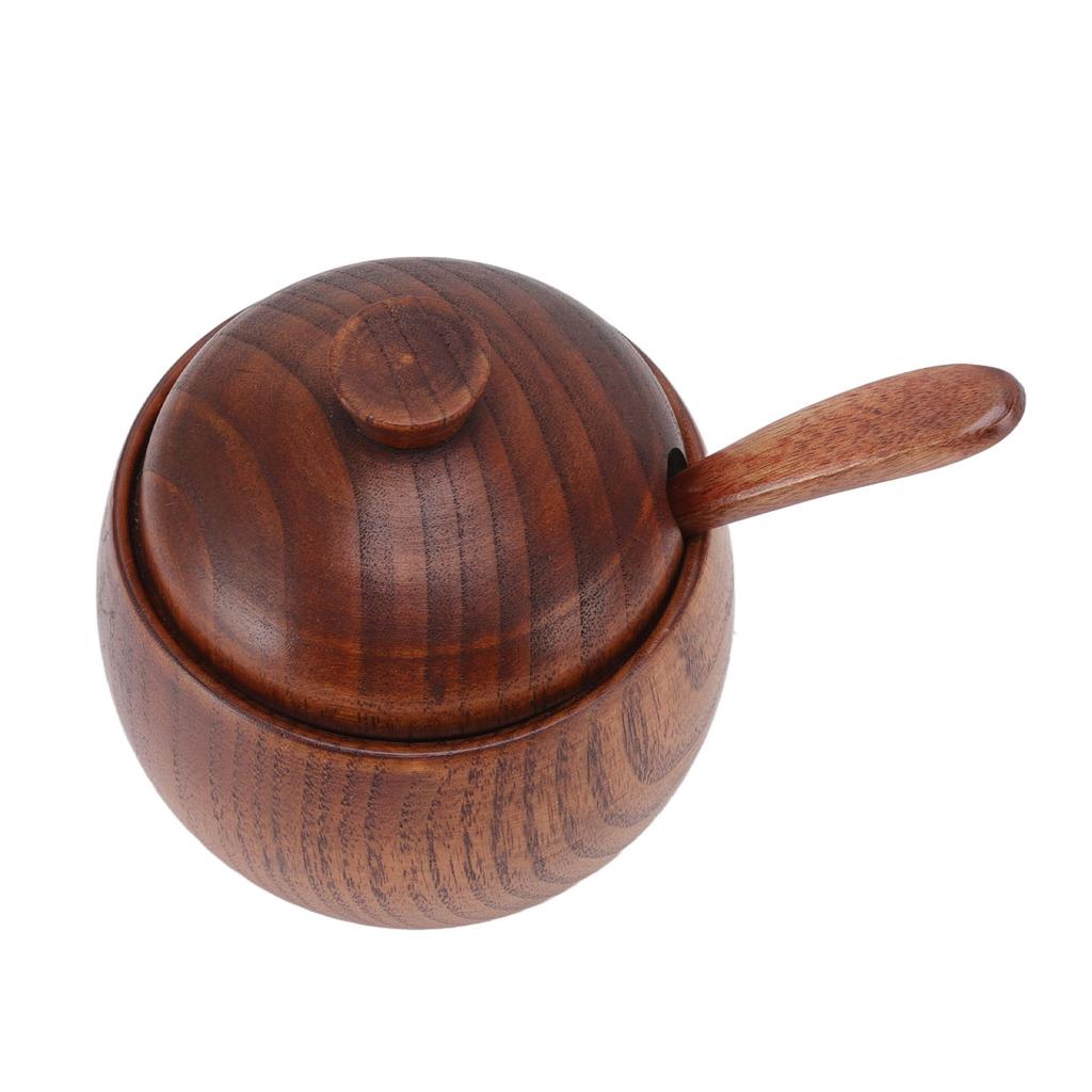 Wood Spice Jar Sugar Bowl Salt Box Seasonings Storage Container with Spoon Lid Kitchen Tool