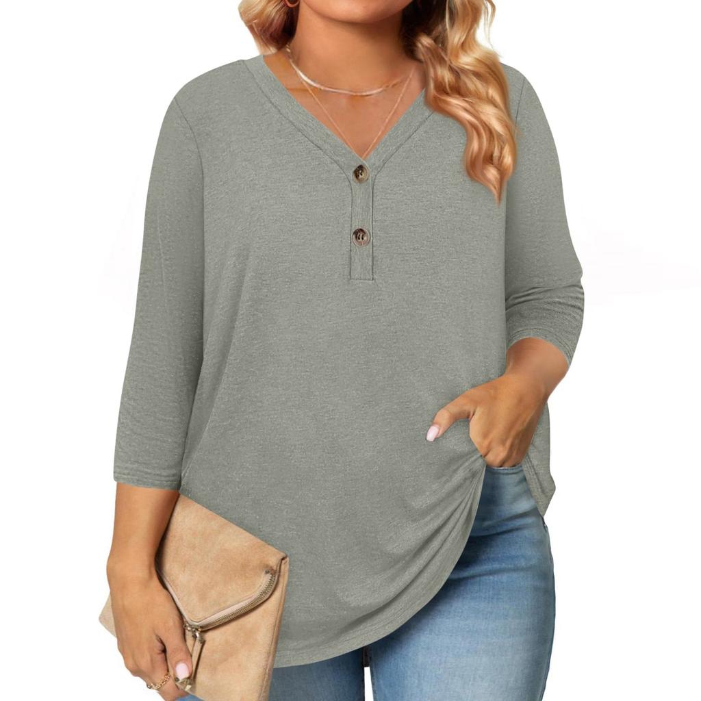 3/4 Length Sleeve Womens Tops Plus Size Button Down V Neck Shirts Blouses Casual Solid Color Loose