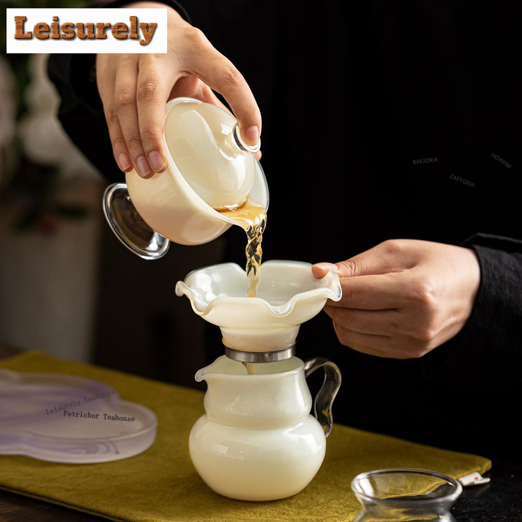 HOYIHM Frost Moon White Ice Jade Glass Tea Separator Infusor Boutique Tea Strainer Dispenser Tea Maker Tea Filter Tea Ceremony