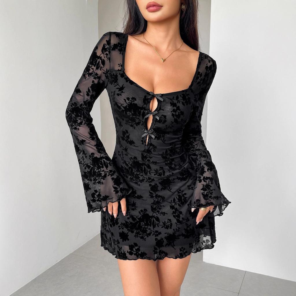 DAFIFY Women's Fashion Spring Fall Flower Pattern Print Long Sleeve V-Neck High Waist Casual Dresses