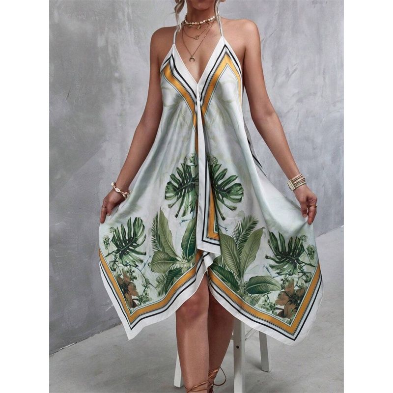 

Летнее женское платье Дамская юбка-комбинация Летний принт Модное платье на бретелях White background positioning green flowers L