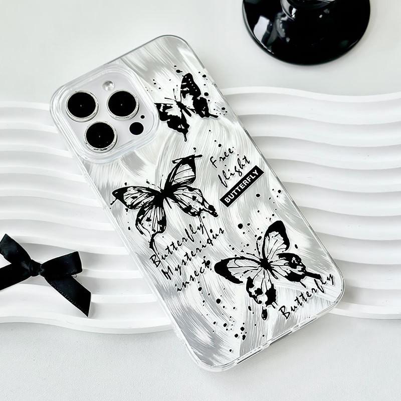 Large Hole Transparent Phone Case Compatible and Suitable for iPhone15 14 13 12 11promax xsmax xr 7 8plusSE Elegant Black Butterfly