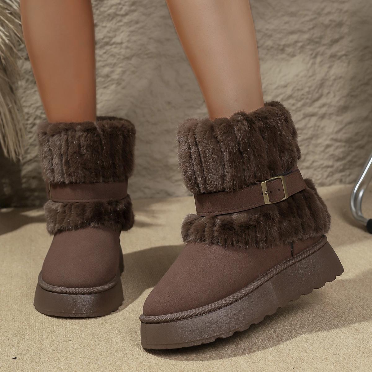 

Fashion 2025 Winter Faux Fur thick bottom Women s Snow Boots Metal Belt Buckle Ankle Boots with Platform Fluffy Furry Shoes for Woman 36 коричневый