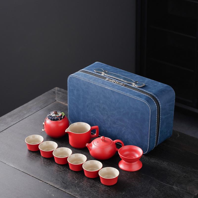High-End Portable Ceramic Tea Set with Teapot, Teacups, and Tray for Household or Outdoor Use