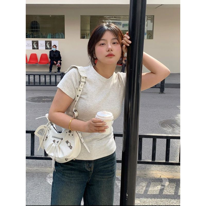 

Plus Size Ladies Sexy Minimalist Silm Pullover Short Sleeve T-shirt Floral Gray M