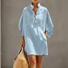 Casual Women Short Dress Linen Cotton Blend Stand Collar Button Front Half Sleeve Loose Fit Summer Tunic Dress