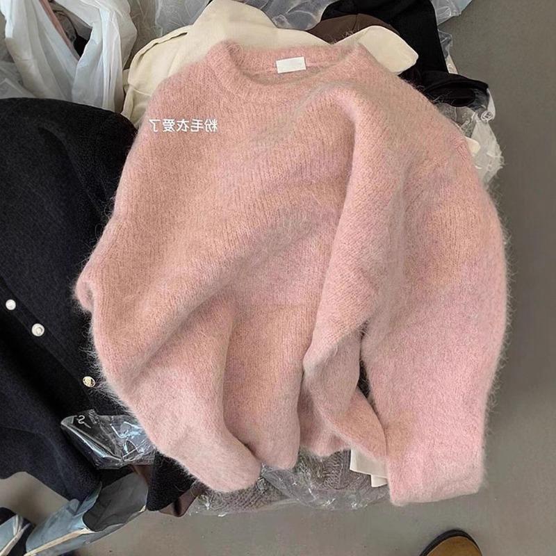 Autumn and Winter Gentle Soft Waxy Thick Niche Chic Pink Mohair Sweater Knitted Sweater