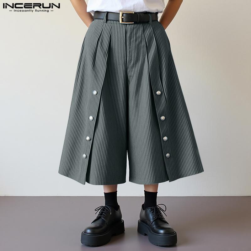 INCERUN Men Capri Casual Loose Wide Leg Buttons Striped Cropped Pants Shorts