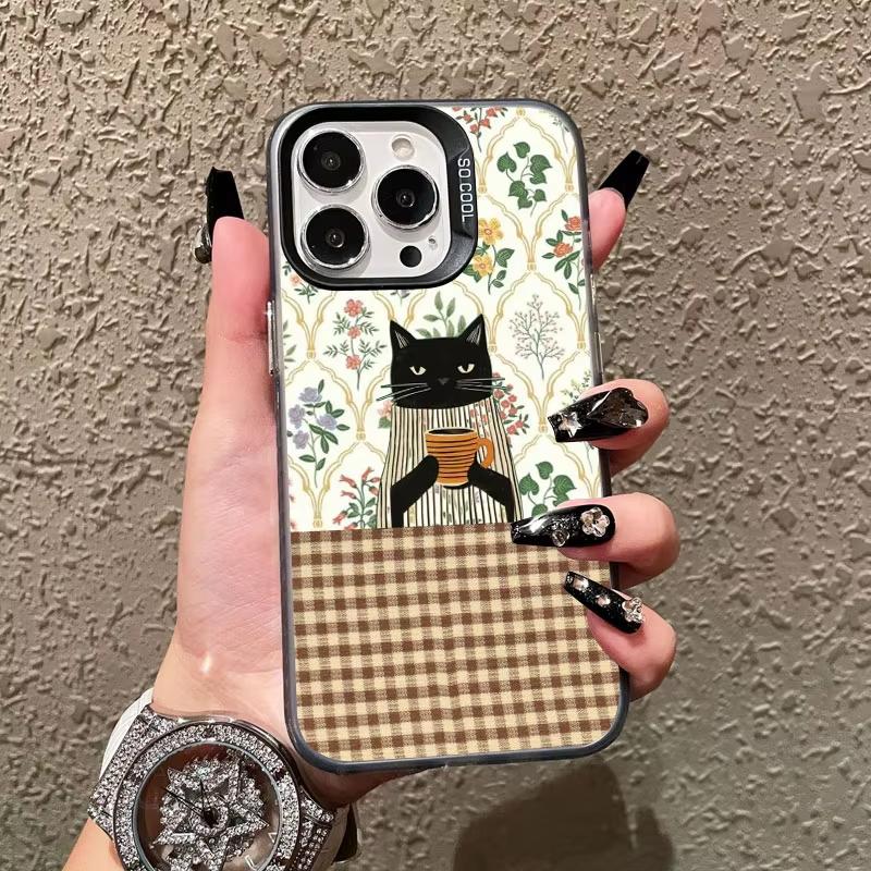 

Striped Coffee Cat Print Phone Case For iPhone 17 Pro Max 16 15 Pro 14 13 Mini 12 11 XR XS 17Air Plus Hard Matte Cover iPhone 11 Pro Max