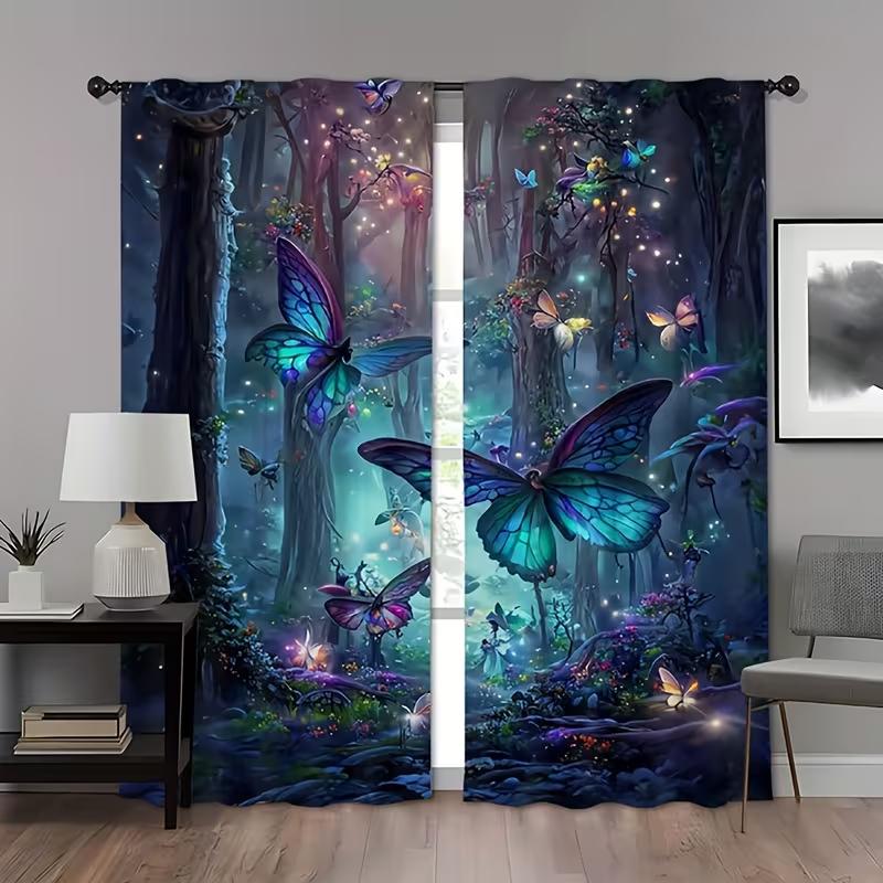 

2 magic forest curtains butterfly pattern magical style living room and bedroom decoration with pole bag 100*130 Grommet Top 1pcs