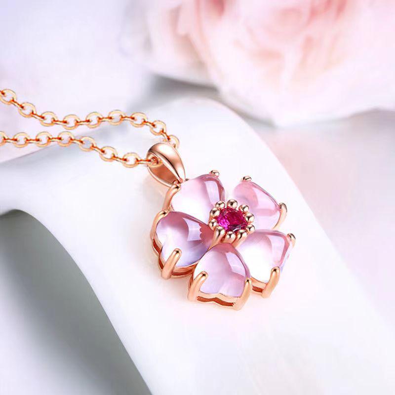 Pink Heart Cat s Eye Flower Pendant Necklace - Cute Summer Style