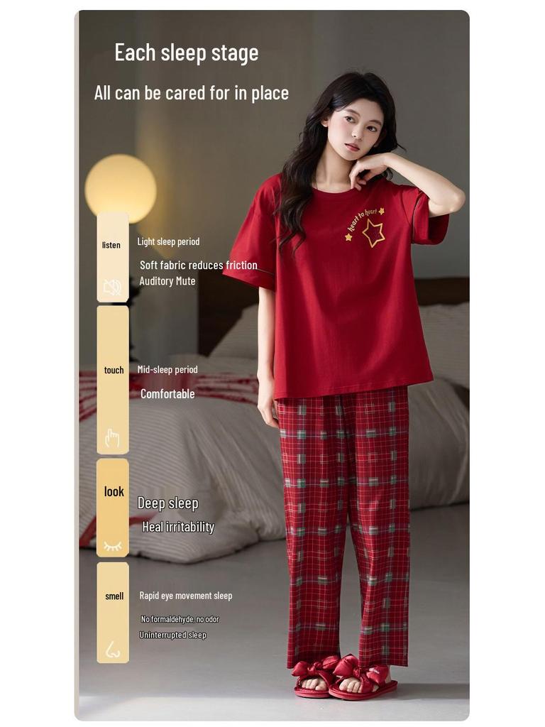 7A Antibakteriöse Baumwoll-Paar-Pyjamas - Rot, Bequem, Kurzarm, Lange Hose für Sommerhochzeiten