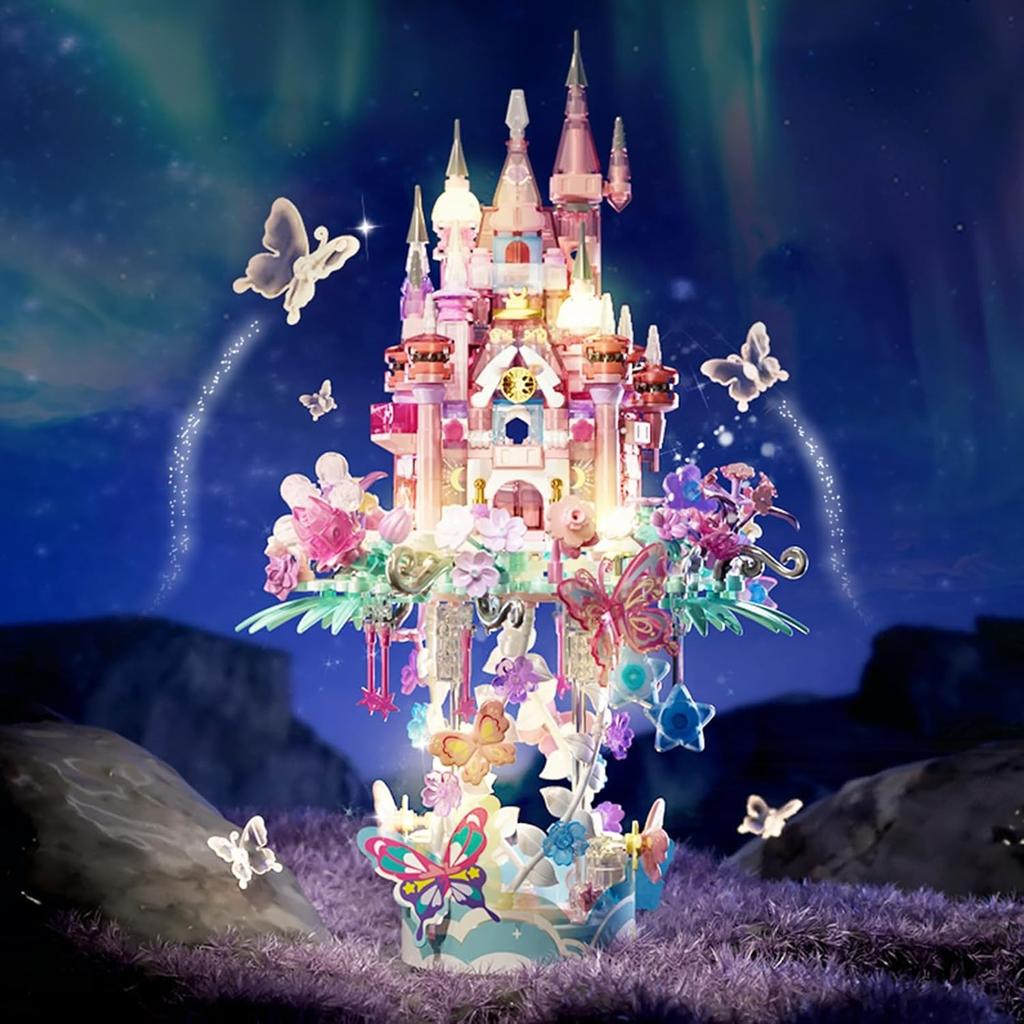 Flower Castle Building Blocks Set,Dream Castle On a Cloud Particle Construction Building Bricks Toy,Flowers Butterfly Star Castle Home Decoration