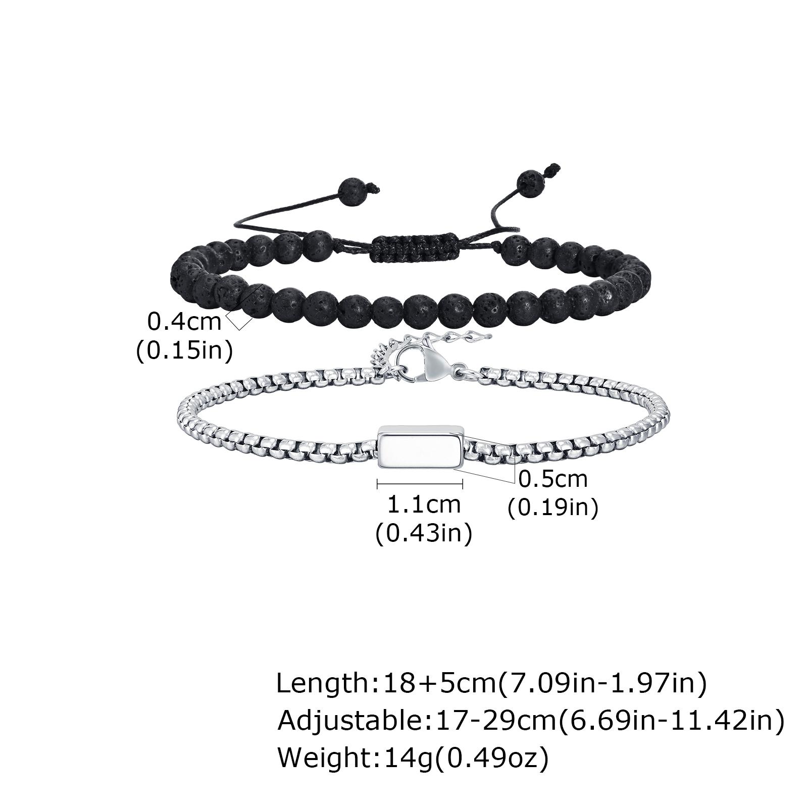 

2pcs Set Stylish Natural Stone Beads Woven Adjustable Chain Bracelet, Stainless Steel Square Charm Bracelet, Fashion Jewelry Set