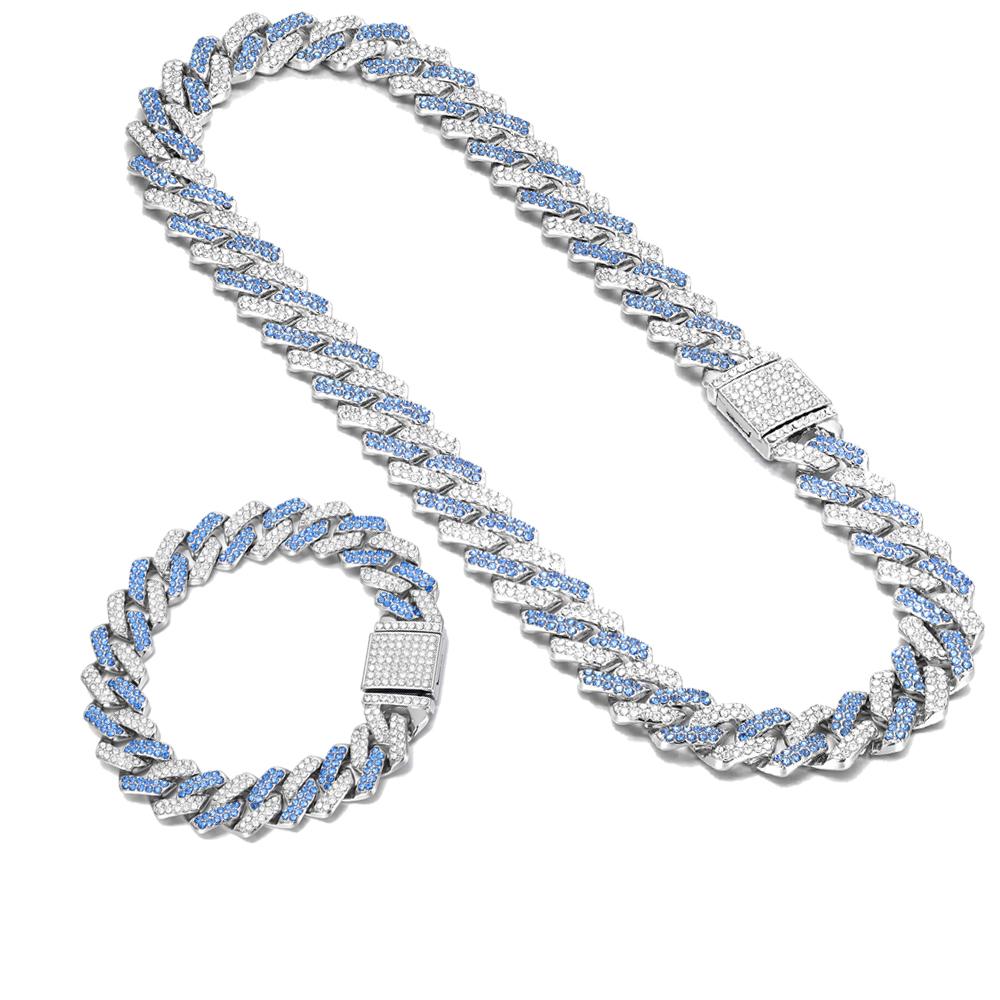 Necklace+Bracelet Cuban Link Chain Hip Hop Men Necklace 14mm Iced Out Paris Chain 2 Row Rhinestone Paved Miami Rhombus Cuban