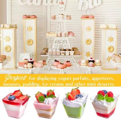 50 Stück quadratische Mini-Dessertbecher mit Löffel, 60 ml, Parfait-Vorspeisenbecher, wiederverwendbare Servierschüssel, Dessertschalen für Pudding-Mousse