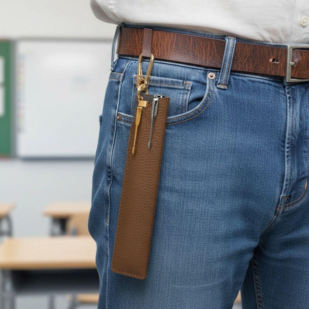 INS Waterproof PU Pen Pouch with Hook Portable Pencil Case Lychee Grain Pen Holder Students Gift