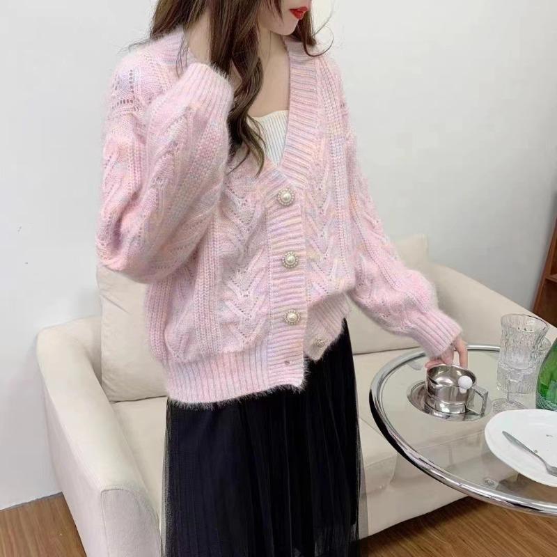 Soft waxy twist loose knitted cardigan women's autumn and winter new flower hair outer wear loose lazy wind sweater jacket