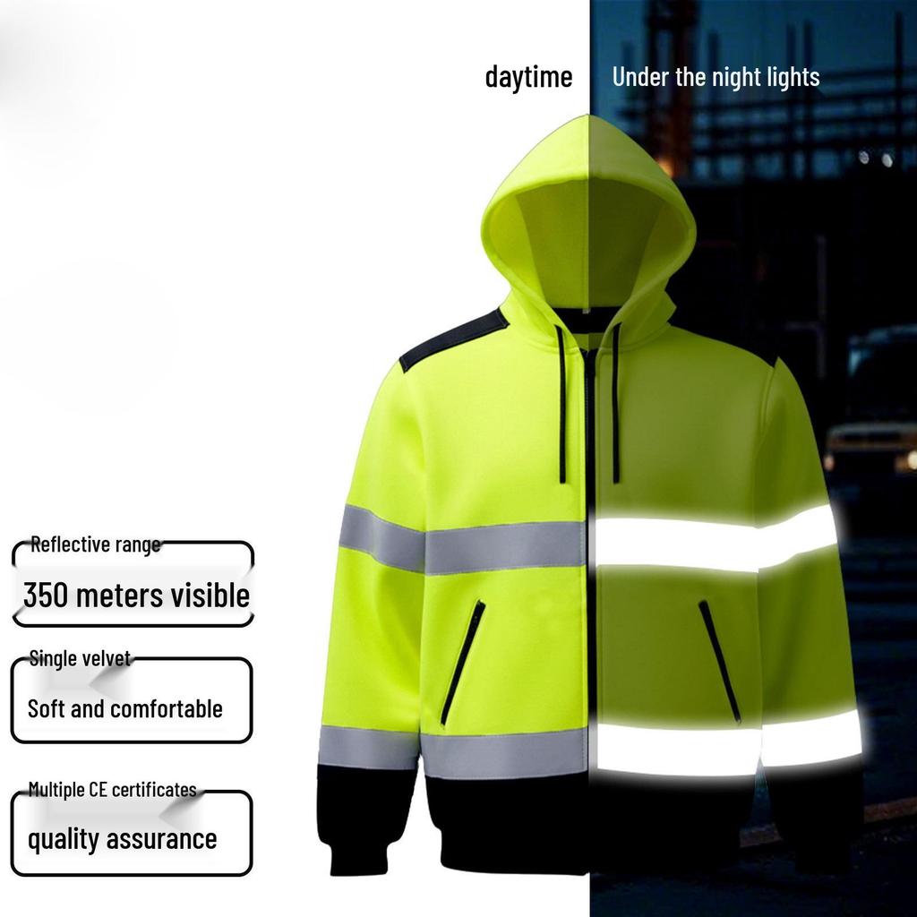 High-Visibility Reflective Hooded Jacket with Fluorescent Panels for Night Safety