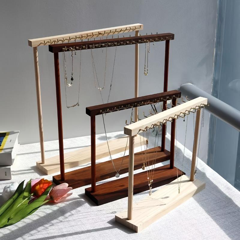 Wooden Double-Row Jewelry Display Rack Elegant Jewelry Organizer with Hooks for Necklaces Bracelets Earrings Rings Space-Saving