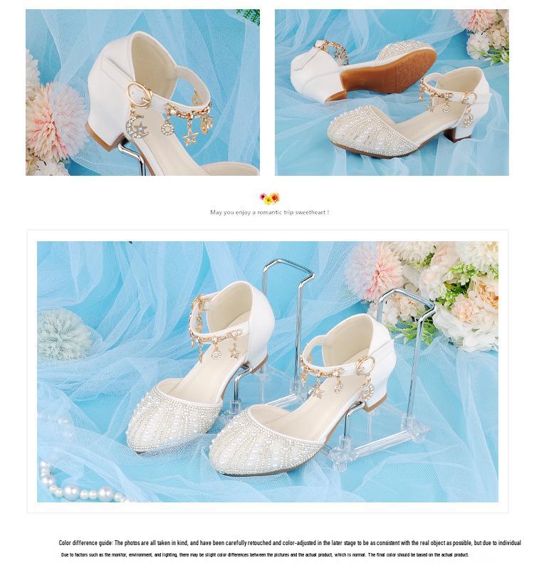 Silver Crystal Low-Heel White Leather Princess Shoes for Girls