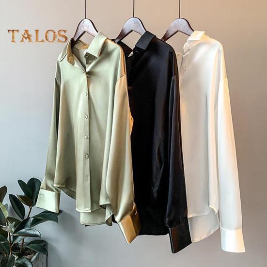 Dámská košile s klopou, dlouhým rukávem, jednoradovým zapínáním, topy, jednobarevná, hladký satén, volný střih, ležérní košile