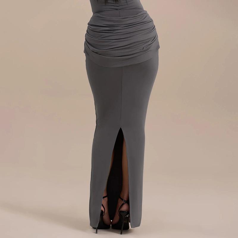 2025 European & American Women's Sexy Ruched Long-Sleeve Dress with Back Slit