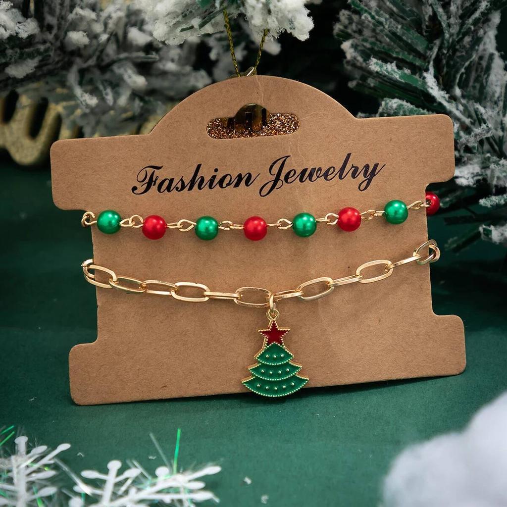 Salircon 2 Pcs/set Cute Christmas Tree Pendant Bracelet Women Trendy Red Green CCB Beads Metal Chain Bangles Couple Jewelry Gift