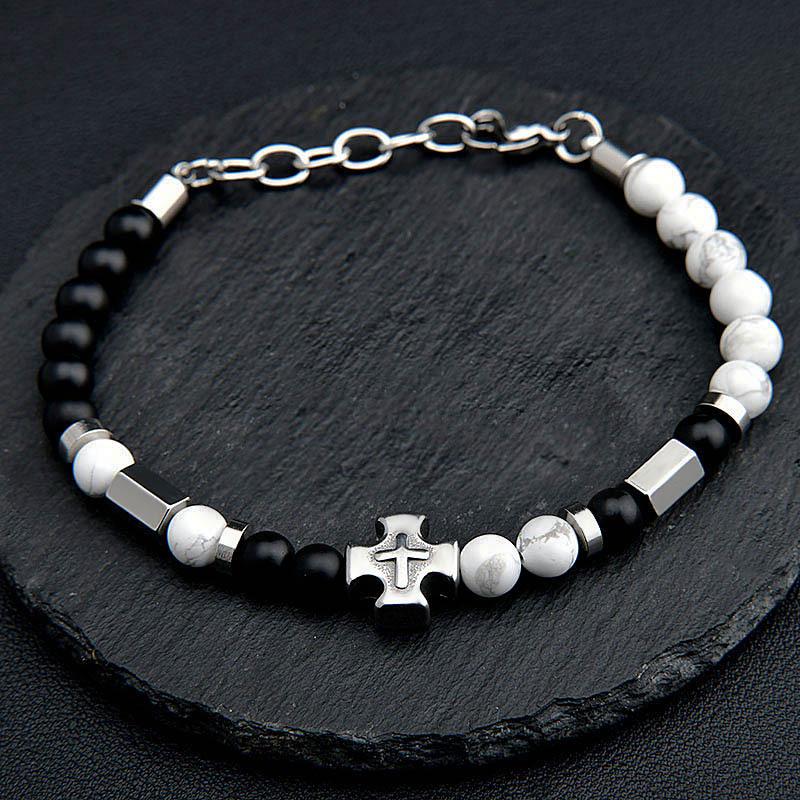 Stainless Steel Double-Sided Cross & Tiger Eye Beaded Bracelet for Men, Adjustable European & American Style