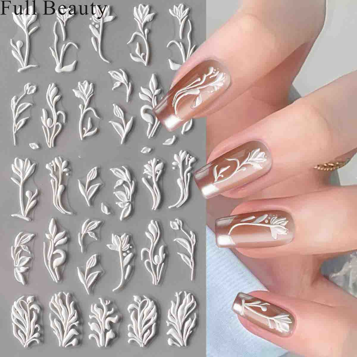 

5D тисненные наклейки для ногтей с белым цветком, наклейки для ногтей, гравировка, цветочные слайдеры для ногтей