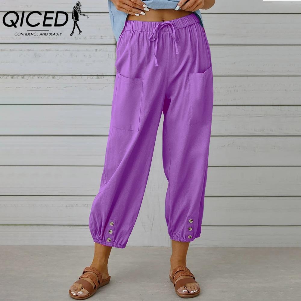 QICED 12 Color Women's Fashion Casual Solid Color Print Pants & Capris