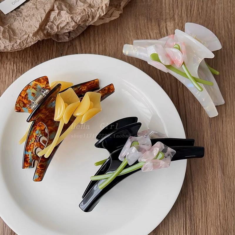 Korea Acetate Tulip Flowers Hair Claw Clip for Women Luxury Big Hair Clip Girl Large Leopard Hair Grab Acrylic Hairpins Gifts